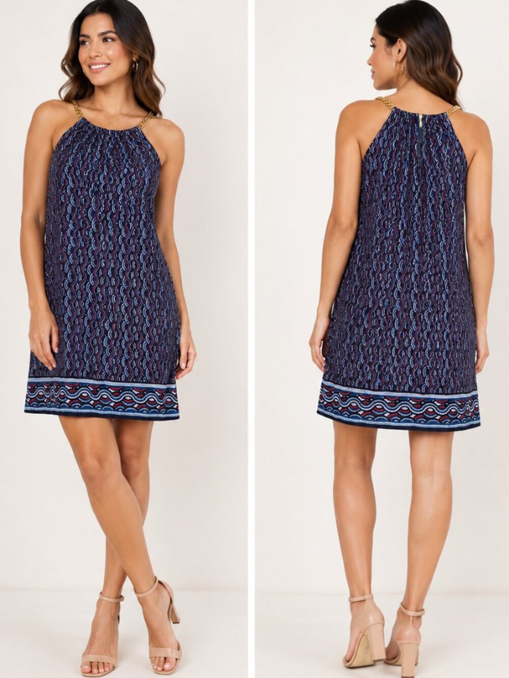 Michael Kors Navy Geometric Chain Neck Shift Dress Women's Medium‎